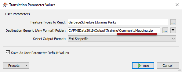 Setting the Destination parameter to write a zipped file
